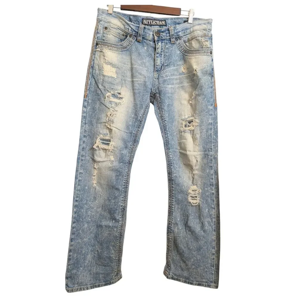 Vintage Affliction Blake Black Premium Jeans Mens 34 Distressed Y2K Straight Leg